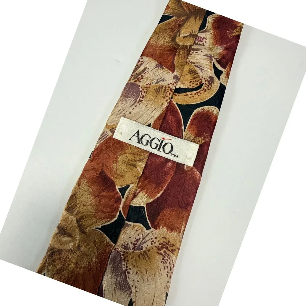 Aggio Floral Silk Tie Mens Rust Gold Orchid Print Classic Wide Fall Warm Autumn